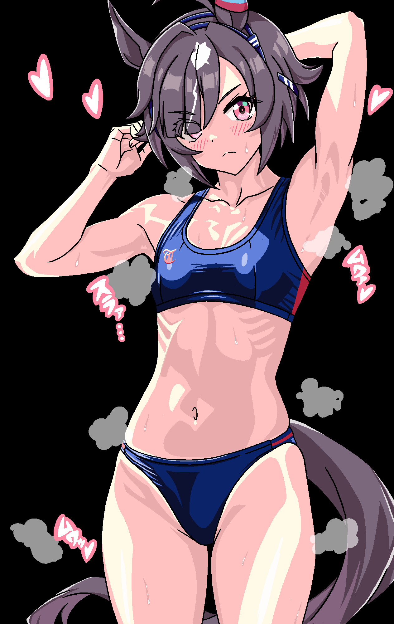 1girl, ahoge, animal_ears, arm_up, armpits, bad_id, bad_twitter_id, believe_(umamusume)