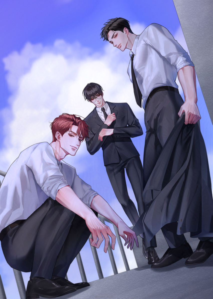 3boys, absurdres, belt, black_belt, black_hair, black_necktie, black_shoes, blue_sky, character_request, closed_mouth, cloud, cloudy_sky, collared_shirt, commentary_request, copyright_request, formal_clothes, from_below, full_body, glasses, grey_eyes, grey_jacket, grey_pants, highres, holding, holding_jacket, holding_unworn_clothes, jacket, lips, looking_at_viewer, looking_down, male_focus, multiple_boys, necktie, outdoors, pants, red_eyes, red_hair, shirt, shoes, short_hair, sky, sleeves_rolled_up, smile, squatting, standing, suit, toned, toned_male, twitter_username, unworn_jacket, white_shirt, yum_606