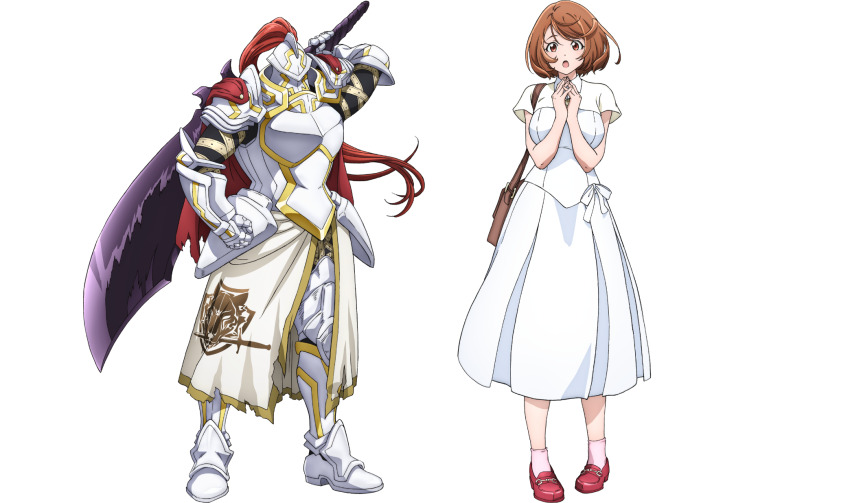 1girl, :o, anime_coloring, armor, bag, breasts, brown_hair, dress