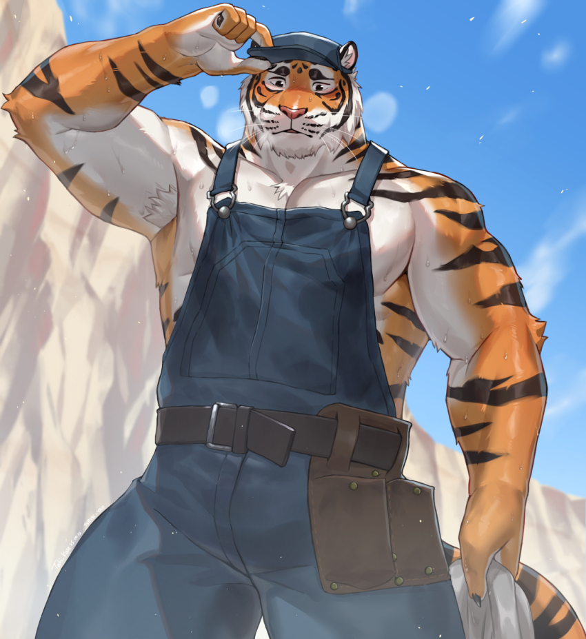 1boy, animal_ears, bara, blue_sky, claws, commentary, dust, english_commentary, furry, furry_male, holding, holding_towel, looking_at_viewer, male_focus, muscular, muscular_male, overalls, parted_lips, pectorals, sky, sweat, tail, taki_kaze, the_smoke_room, tiger_boy, tiger_ears, tiger_stripes, tiger_tail, towel, whiskers, yao_(the_smoke_room)