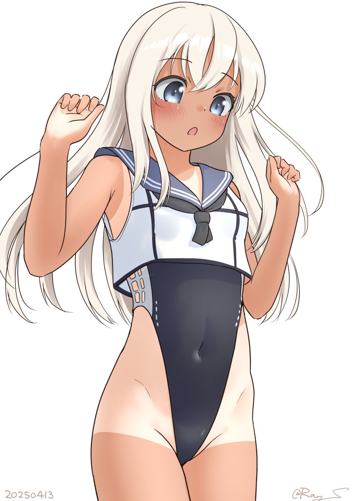 1girl, artist_name, black_one-piece_swimsuit, blonde_hair, blue_eyes, blush, cosplay, crop_top, dated, flower, grey_background, hair_flower, hair_ornament, highleg, highleg_one-piece_swimsuit, kantai_collection, long_hair, one-piece_swimsuit, one-piece_tan, open_mouth, ray.s, ro-500_(kancolle), sailor_collar, school_swimsuit, school_uniform, simple_background, solo, super_highleg, swimsuit, swimsuit_under_clothes, tan, tanline, twitter_username, wahoo_(kancolle), wahoo_(kancolle)_(cosplay), white_background