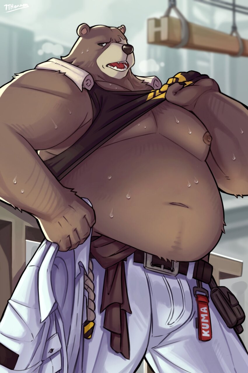 1boy, 7th_art_forge, animal_ears, bara, bear_boy, bear_ears, belly, ben_bigger