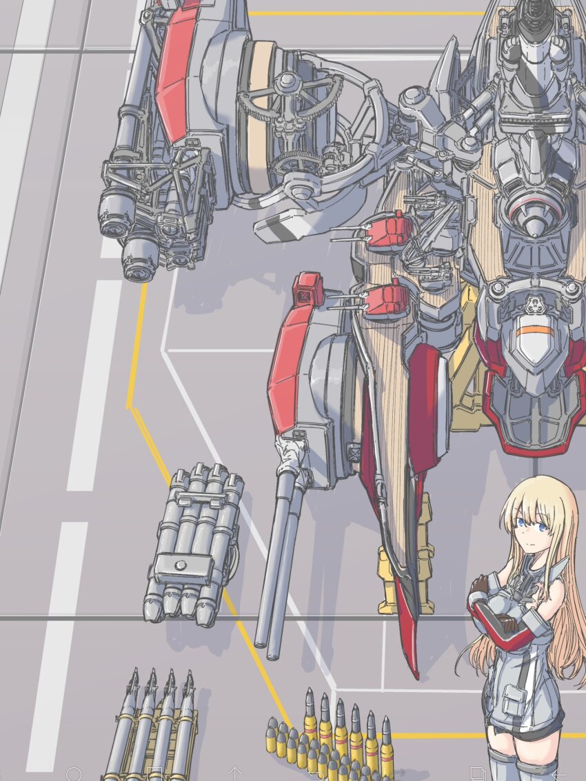 1girl, ammunition, anchor_choker, bismarck_(kancolle), blonde_hair, blue_eyes, cannon, cowboy_shot