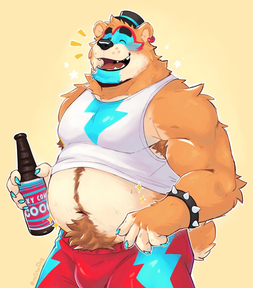 1boy, absurdres, armpit_hair, armpit_hair_peek, bara, belly, blush, bottle