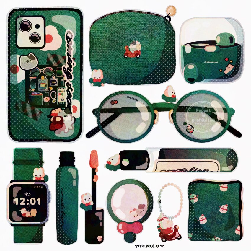 airpods, artist_name, bottle, cellphone, cellphone_charm, charm_(object), christmas, commentary