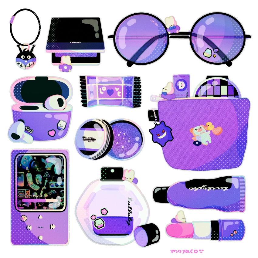 airpods, artist_name, bottle, cellphone, cellphone_charm, charm_(object), commentary, compact_(cosmetics)
