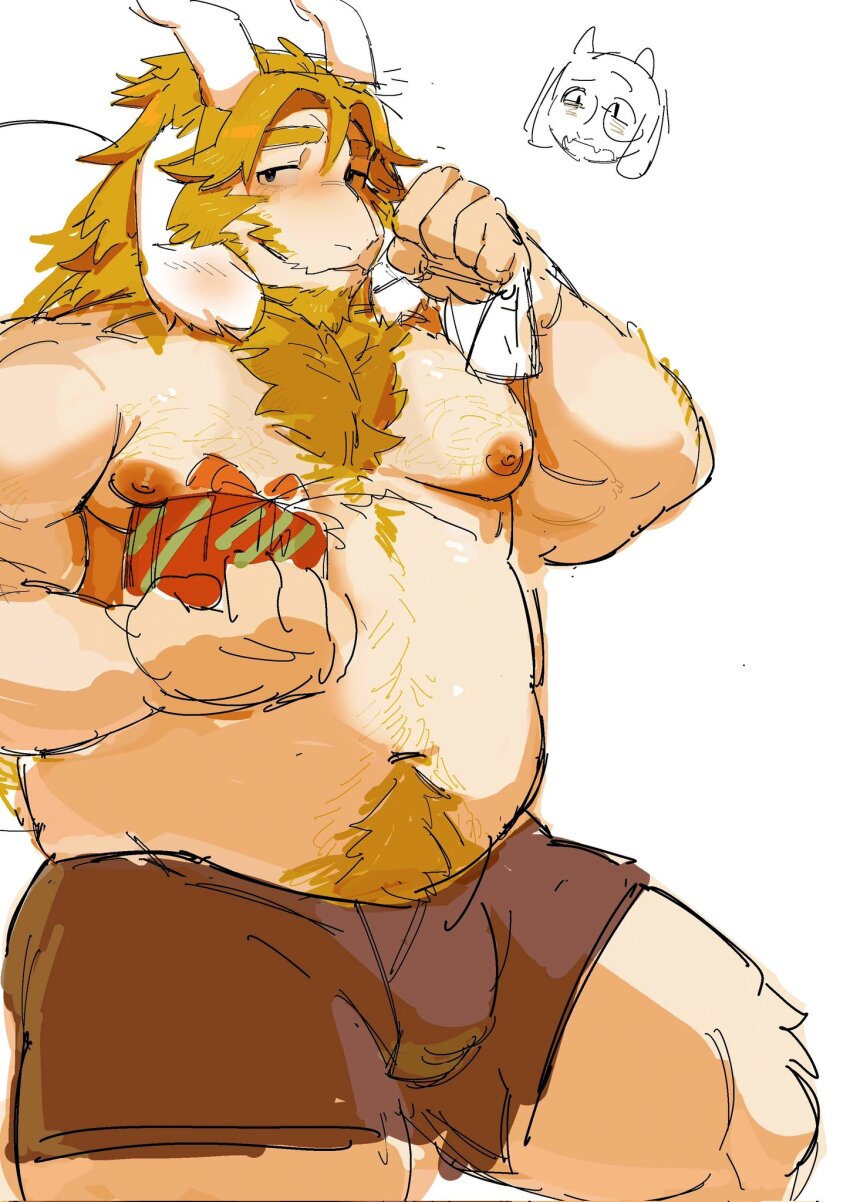 1boy, 1girl, artxtcy111, asgore_dreemurr, bara, belly, blonde_hair, blush, box, boxers, bulge, chest_hair, chibi, chinese_commentary, commentary_request, fat, fat_man, floppy_ears, furry, furry_male, gift, gift_box, goat_horns, highres, holding, holding_gift, holding_sack, horns, looking_at_viewer, male_underwear, navel, navel_hair, nipples, pectorals, purple_male_underwear, ribbon, sack, topless_male, toriel, undertale, underwear, utdr_(toby_fox), white_background, white_fur
