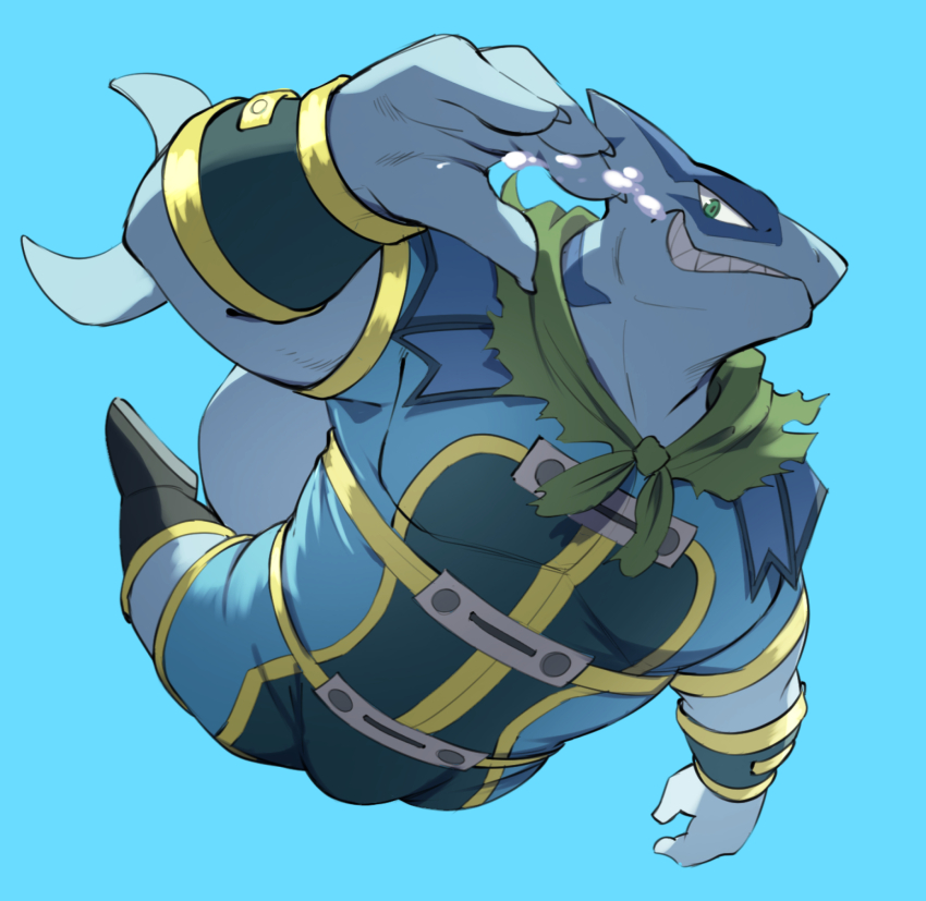 1boy, air_bubble, araba_(shangri-la_frontier), bara, blue_background, blue_shirt, blue_shorts, bubble