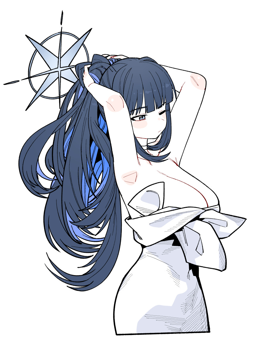 1girl, absurdres, armpits, arms_behind_head, arms_up, blue_archive, blue_eyes, blue_hair