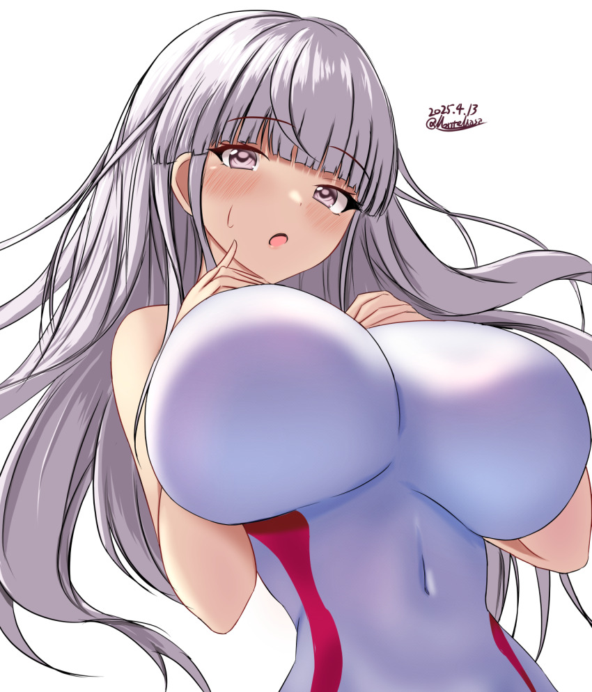 1girl, blush, breasts, competition_swimsuit, dated, grey_hair, hair_between_eyes, highleg, highleg_one-piece_swimsuit, highres, huge_breasts, impossible_clothes, impossible_swimsuit, kantai_collection, kirov_(kancolle), large_breasts, looking_at_viewer, montemasa, one-hour_drawing_challenge, one-piece_swimsuit, open_mouth, pink_eyes, smile, solo, sweatdrop, swimsuit, twitter_username, two-tone_swimsuit, upper_body, white_one-piece_swimsuit