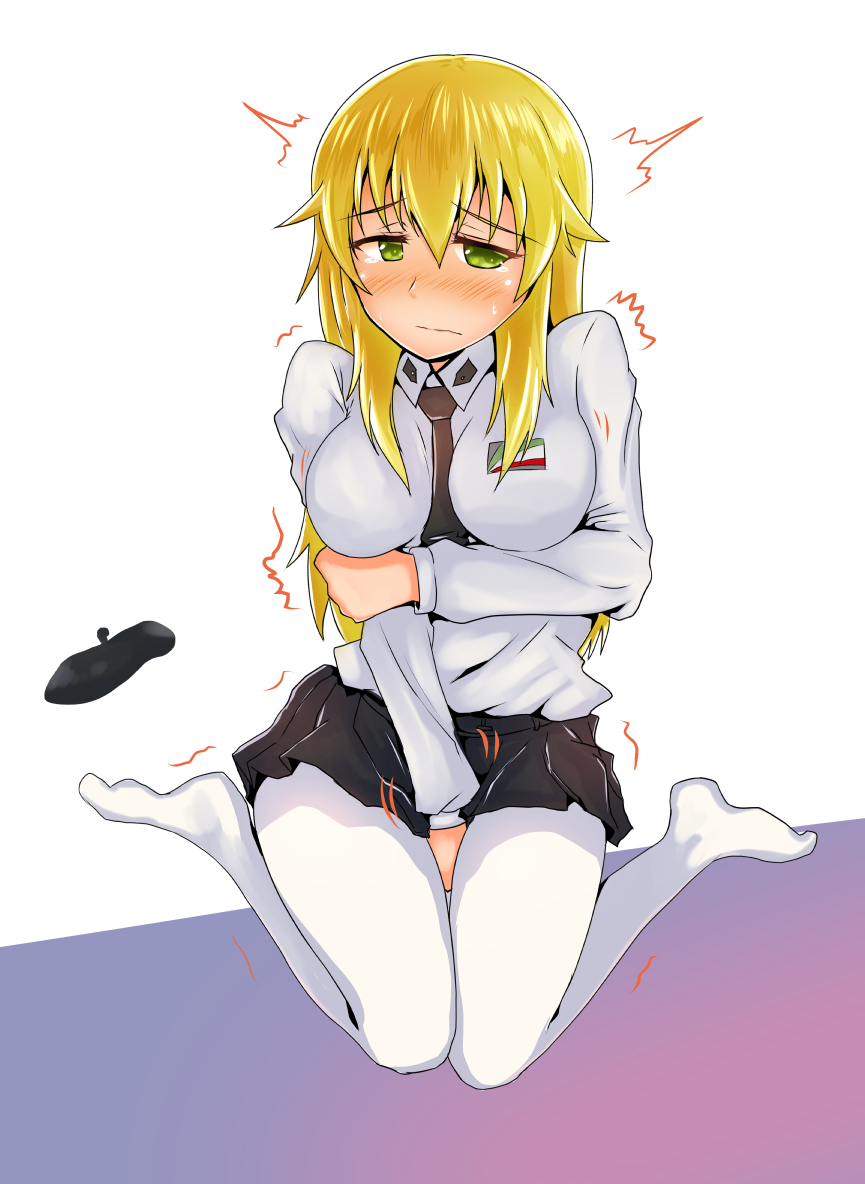 1girl, anzio_school_uniform, beret, between_breasts, between_legs, black_hat, black_necktie, black_skirt, blonde_hair, blush, breasts, carpaccio_(girls_und_panzer), chikakei_(tsuki_no_chika_keikoku), closed_mouth, collared_shirt, female_masturbation, girls_und_panzer, green_eyes, hand_between_legs, hat, large_breasts, long_hair, masturbation, miniskirt, necktie, necktie_between_breasts, on_floor, pantyhose, pleated_skirt, school_uniform, seiza, shirt, shoes, sitting, skirt, unworn_hat, unworn_headwear, unworn_shoes, white_pantyhose, white_shirt