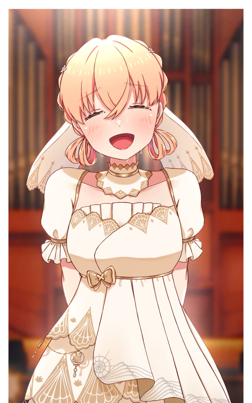 1girl, arms_behind_back, blurry, blurry_background, border, braid, breasts, collarbone