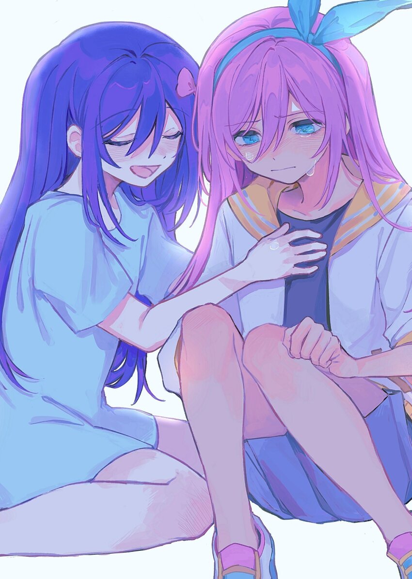2girls, aubrey_(faraway)_(omori), aubrey_(headspace)_(omori), aubrey_(omori), blue_eyes, blue_hairband, blue_shirt, blue_skirt