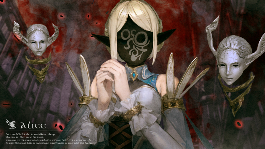 1girl, alice_(wizardry), blonde_hair, blue_corset, blue_eyes, blue_gem, braid, character_name, corset, dark_background, dress, elf, english_text, floating_head, forest, gem, highres, jewelry, kjk_kat12349, latin_text, looking_at_viewer, nature, own_hands_together, parted_bangs, pointy_ears, possessed, runes, short_hair, solo, strapless, strapless_dress, white_dress, wizardry, wizardry_variants_daphne