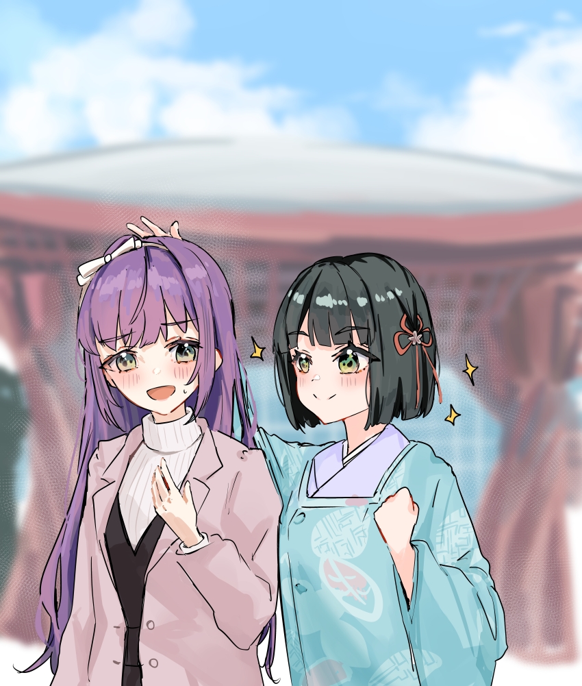 2girls, :d, absurdres, black_dress, black_hair, blue_sky, blunt_bangs, blunt_ends