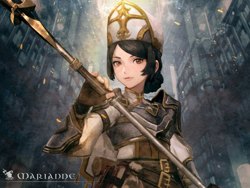 1girl, armor, belt, black_hair, braid, breastplate, brown_eyes, brown_gloves