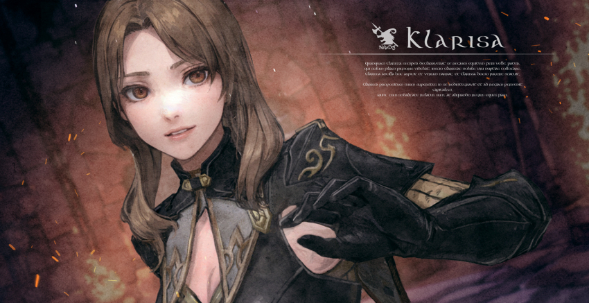 1girl, armor, black_gloves, breasts, brown_eyes, brown_hair, character_name, clarissa_(wizardry), cleavage, dress, english_text, gloves, highres, kjk_kat12349, latin_text, looking_at_viewer, medium_hair, official_alternate_costume, pauldrons, shoulder_armor, solo, strapless, strapless_dress, torch, wizardry, wizardry_variants_daphne