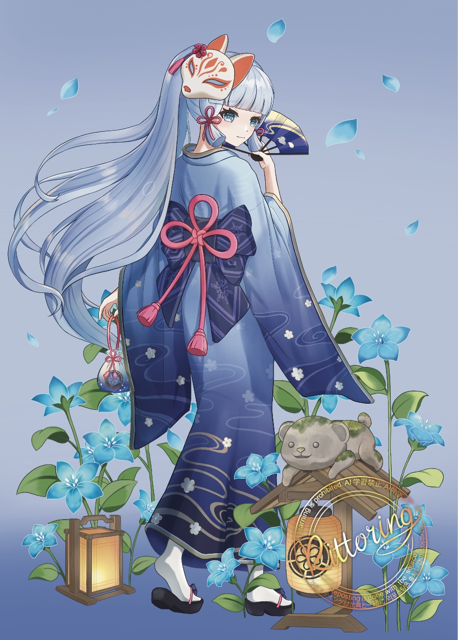 1girl, alternate_costume, ayaka_(genshin_impact), bag, blue_background, blue_bow, blue_eyes, blue_flower