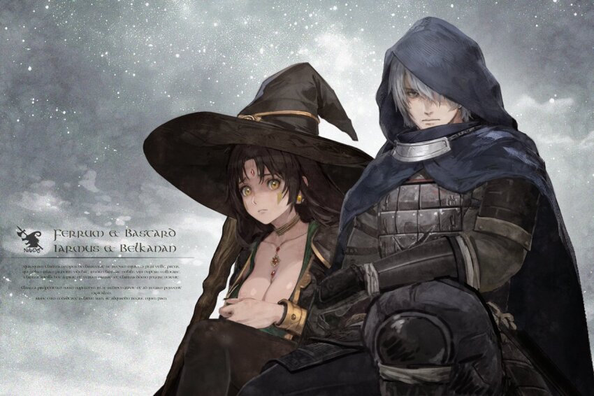 1boy, 1girl, arm_on_knee, armor, berkanan_(blade_&amp;_bastard), black_pants, blade_&amp;_bastard, blue_cloak