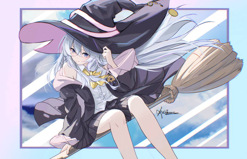 1girl, absurdres, black_skirt, blue_border, blue_eyes, border, broom, broom_riding, elaina_(majo_no_tabitabi), hat, highres, long_hair, looking_to_the_side, majo_no_tabitabi, neet_(jdud2284), outside_border, pleated_skirt, shirt, signature, skirt, solo, white_hair, white_shirt, witch, witch_hat