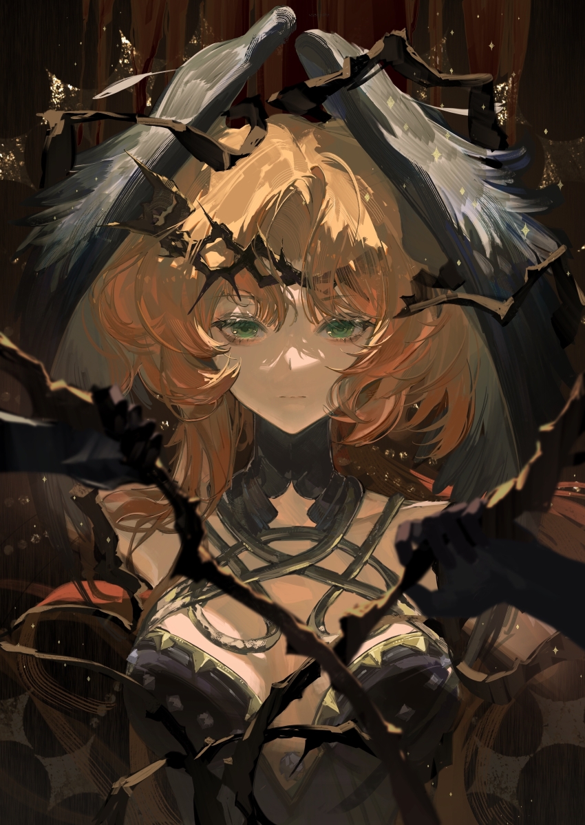 1girl, absurdres, black_dress, black_gloves, black_wings, branch, breasts, closed_mouth