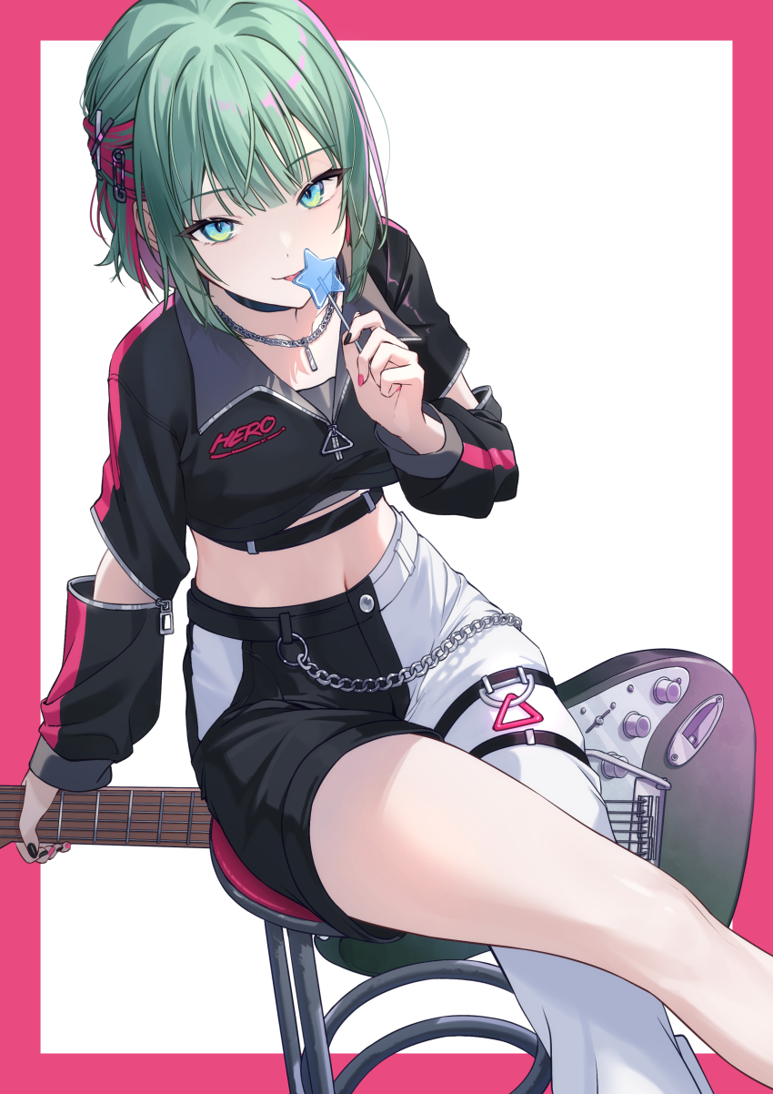 1girl, absurdres, alternate_hair_length_(shorter), asymmetrical_clothes, black_choker, black_pants, black_shirt, breasts, choker, clothing_cutout, collared_shirt, commentary, crop_top, crossed_legs, electric_guitar, feet_out_of_frame, find_the_dream_view_(project_sekai), green_eyes, green_hair, guitar, hand_up, hatsune_miku, highres, holding, holding_guitar, holding_instrument, instrument, leo/need_miku, long_sleeves, looking_at_viewer, medium_breasts, midriff, navel, official_alternate_costume, official_alternate_hairstyle, pants, project_sekai, shirt, short_hair, shoulder_cutout, single_pantsleg, sitting, smile, solo, split-color_clothes, stool, thighs, timmoo, tongue, tongue_out, two-tone_pants, vocaloid, white_pants