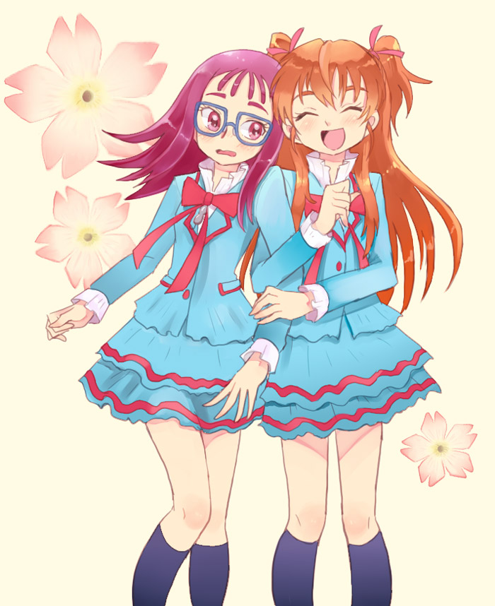 10s, 2girls, arm_hug, black_socks, blue-framed_eyewear, blue_shirt, blush, brown_hair, closed_eyes, eyelashes, flower, glasses, hair_ribbon, houjou_hibiki, houjou_sakura, kneehighs, long_hair, multiple_girls, oota, open_mouth, precure, purple_eyes, purple_hair, ribbon, school_uniform, seiren_(precure), shirt, skirt, smile, socks, suite_precure, twintails, two_side_up