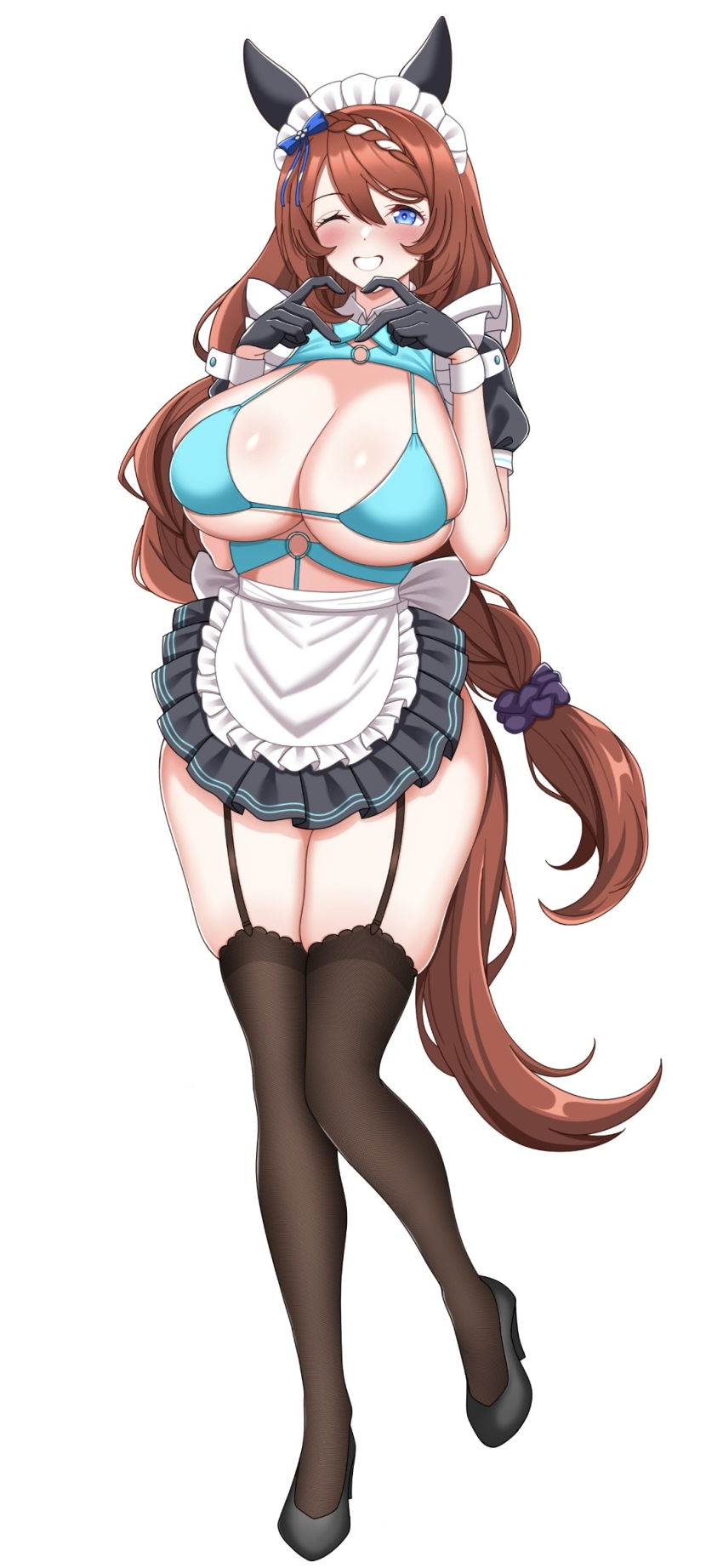 1girl, four-finger_heart_hands, alternate_costume, amadeus_(amadeus08462844), animal_ears, apron, bikini, black_gloves