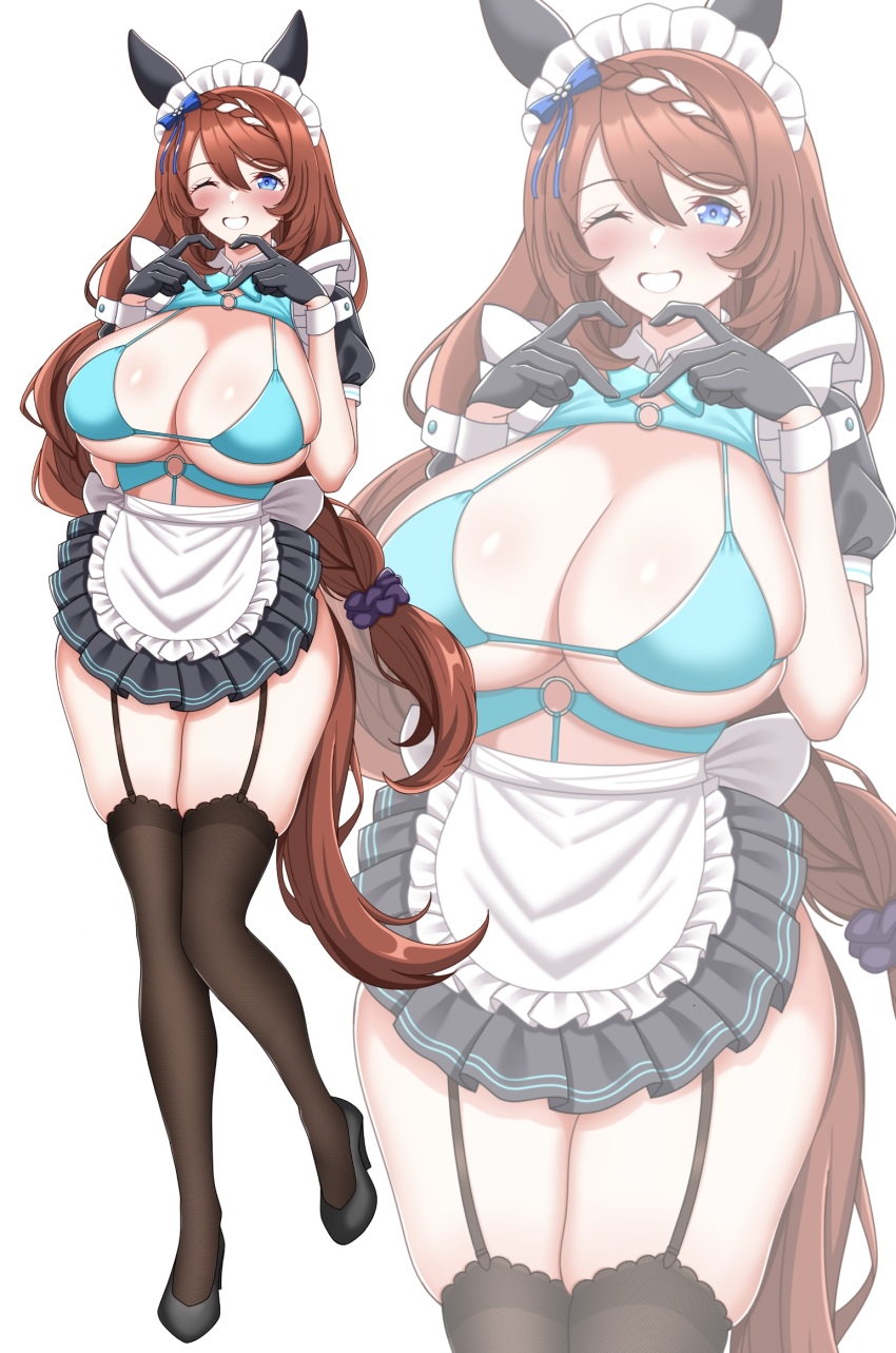 1girl, four-finger_heart_hands, alternate_costume, amadeus_(amadeus08462844), animal_ears, apron, bikini, black_gloves