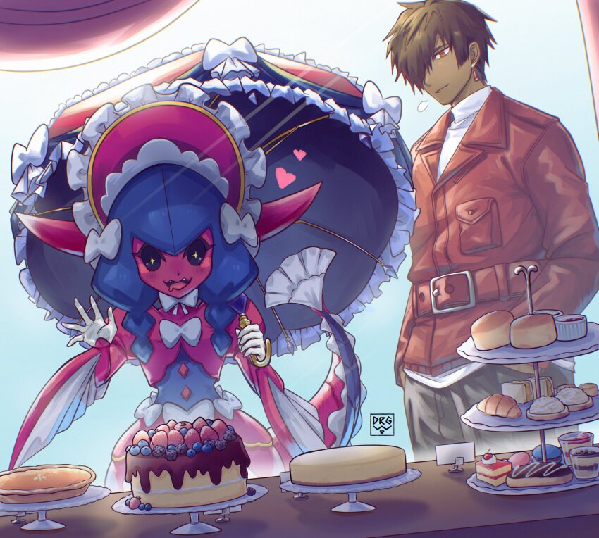 1boy, 1girl, black_sclera, blue_hair, blush, bonnet, brown_hair, brown_jacket