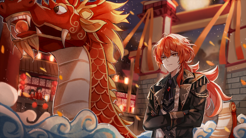 1boy, aguaaaaaa, aiguillette, architecture, black_coat, black_gloves, black_necktie, black_shirt