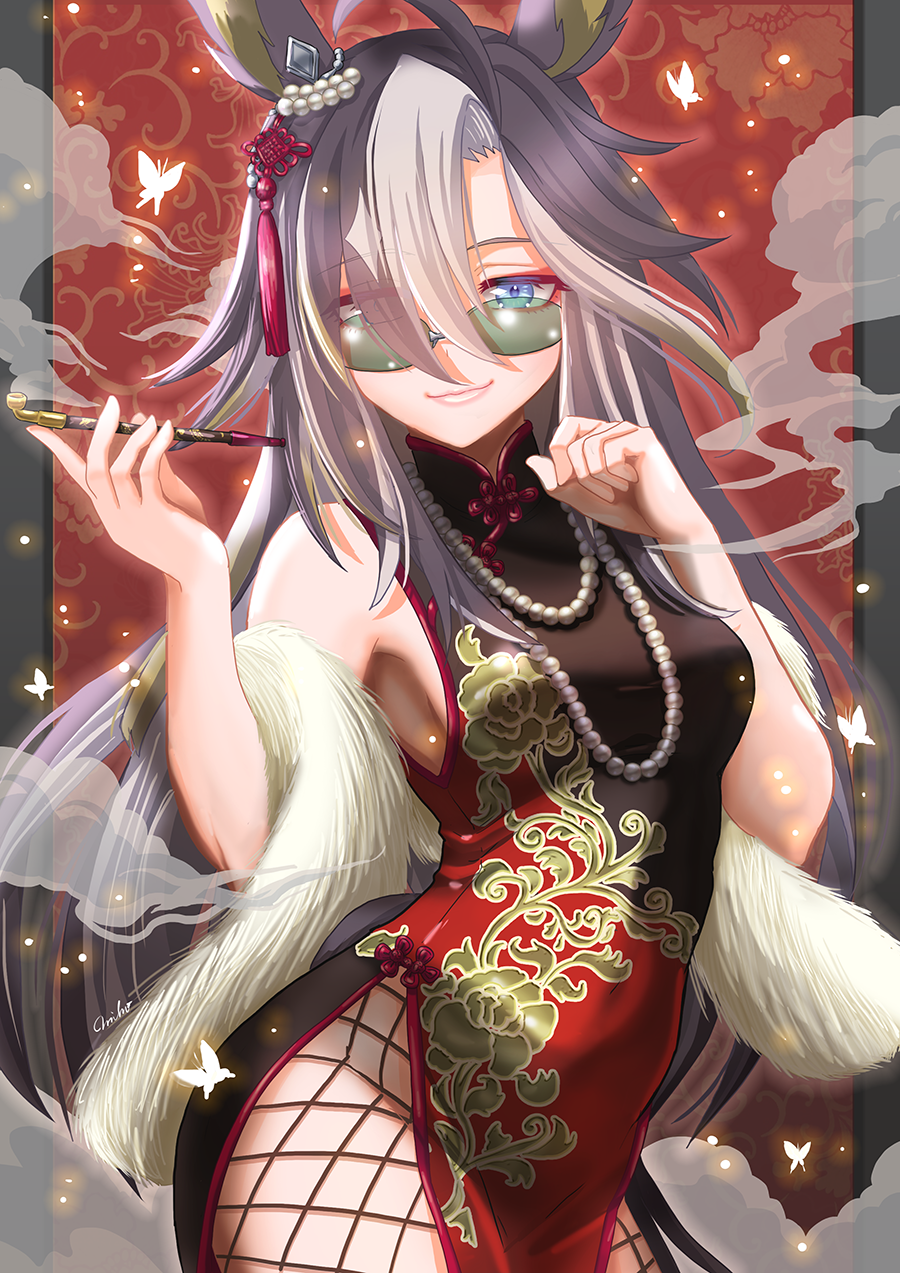 1girl, ahoge, alternate_costume, animal_ears, bare_shoulders, bead_necklace, beads, black_dress, blue_eyes, breasts, brown_hair, china_dress, chinese_clothes, closed_mouth, colored_inner_hair, commentary_request, cowboy_shot, dream_journey_(umamusume), dress, ear_ornament, fishnet_pantyhose, fishnets, fur_scarf, hair_between_eyes, hair_ornament, highres, holding, holding_smoking_pipe, horse_ears, horse_girl, horse_tail, jewelry, long_hair, multicolored_hair, necklace, otono_(bkt4b), pantyhose, pelvic_curtain, red_dress, sideboob, sleeveless, sleeveless_dress, small_breasts, smile, smoke, smoking_pipe, solo, streaked_hair, sunglasses, tail, tassel, tassel_hair_ornament, two-tone_dress, umamusume, very_long_hair, white_hair
