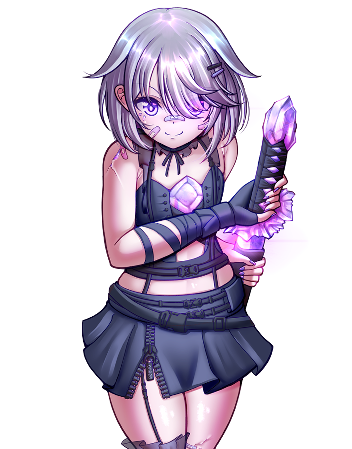 1girl, bandaid, bandaid_on_face, bare_shoulders, black_skirt, cowboy_shot, holding, holding_sword