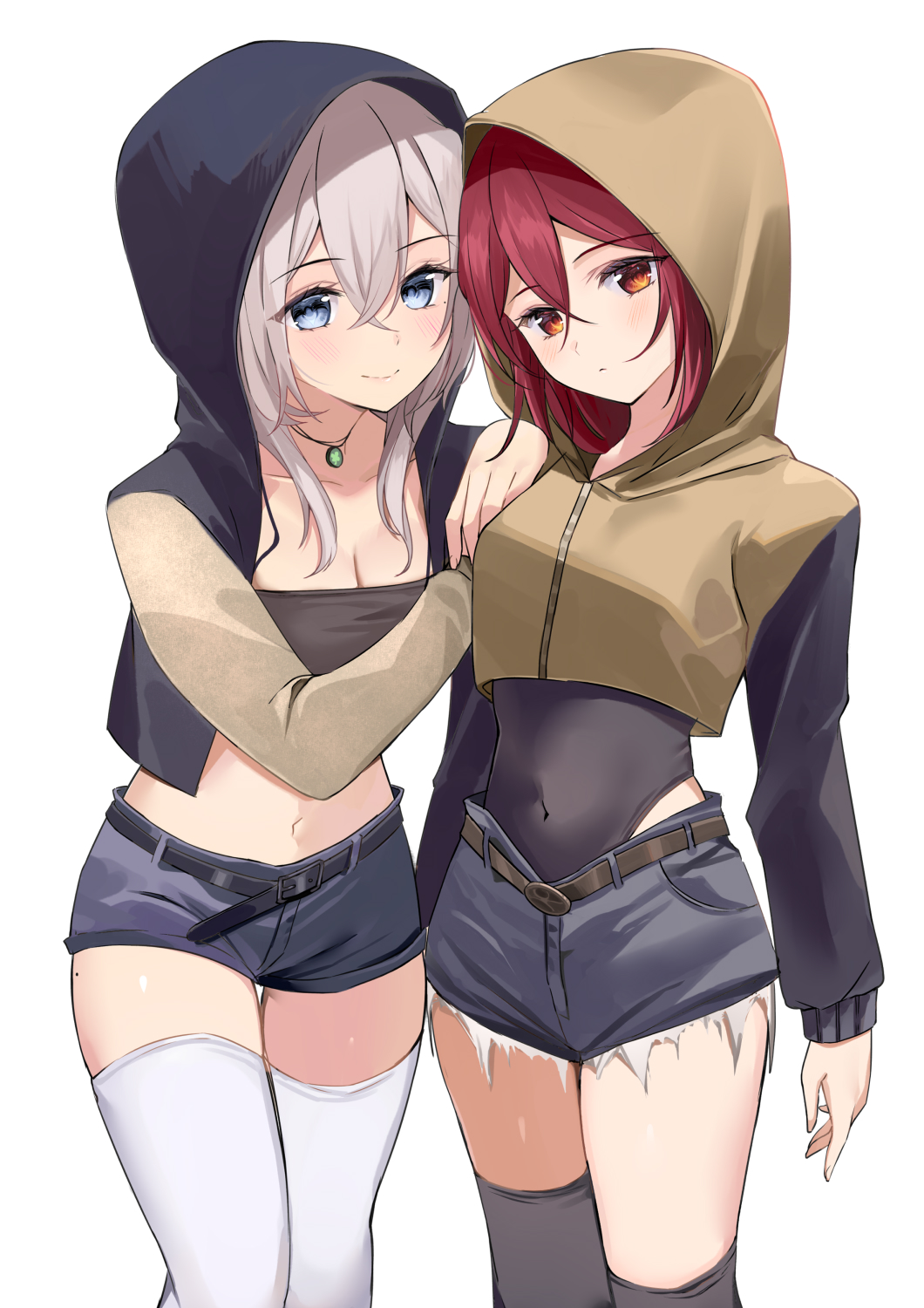 2girls, belt, black_jacket, black_leotard, black_shirt, black_shorts, black_thighhighs, blue_eyes