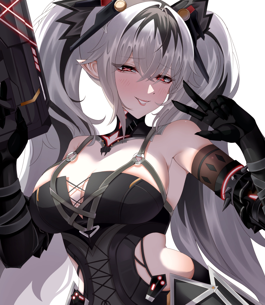 1girl, absurdres, alternate_breast_size, blush, breasts, cleavage, detached_collar, grey_hair