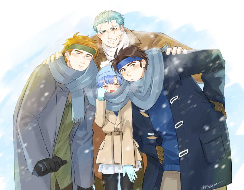 1girl, 3boys, absurdres, alternate_costume, blue_hair, brown_hair, contemporary, dieck_(fire_emblem)