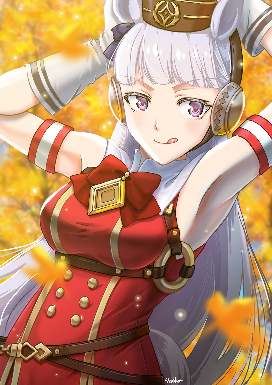 1girl, :p, animal_ears, armband, armpits, arms_up, autumn_leaves, bare_shoulders