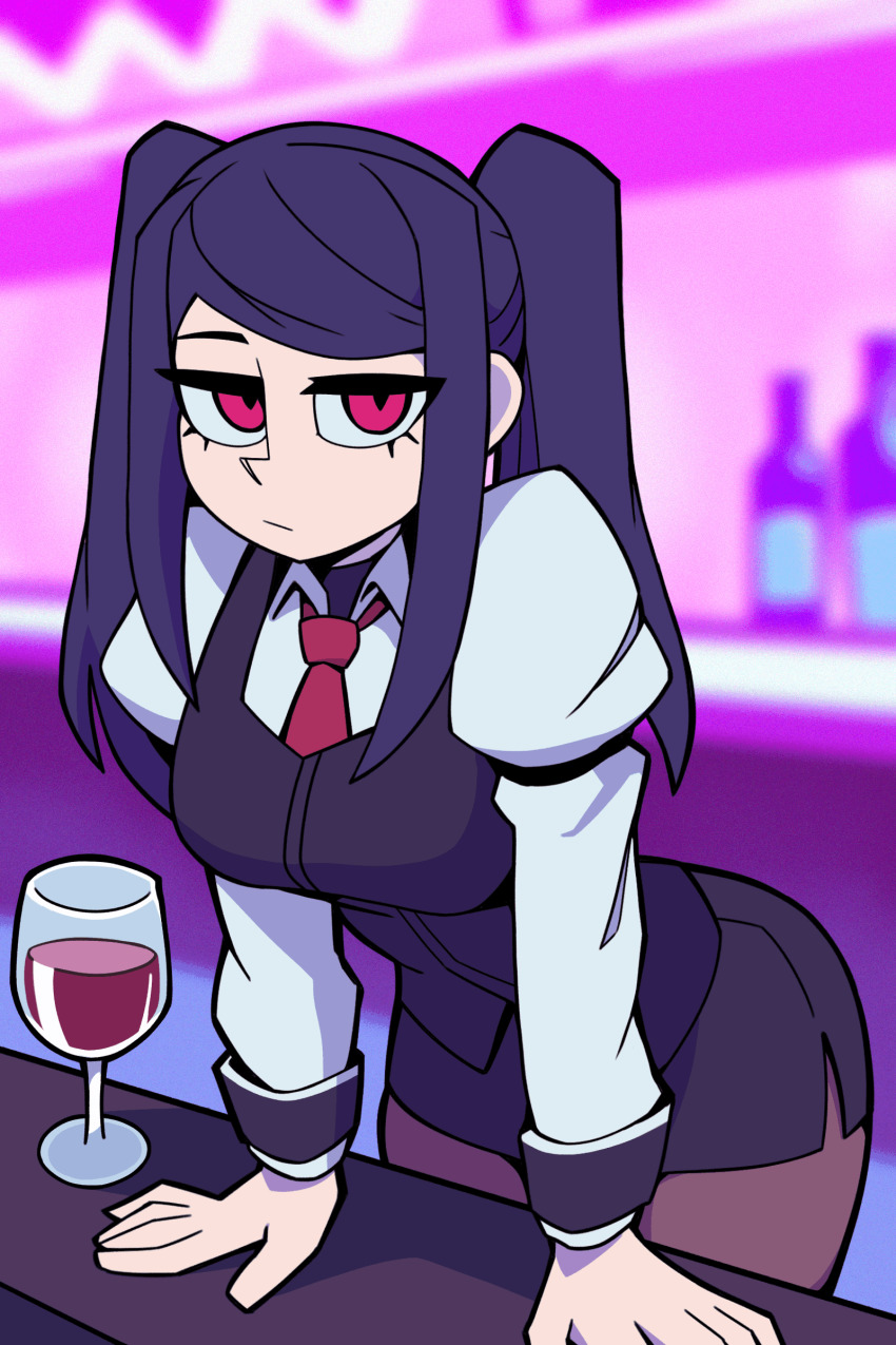 1girl, absurdres, alcohol, bar_(place), bean52623818, black_hair, black_pantyhose, black_skirt