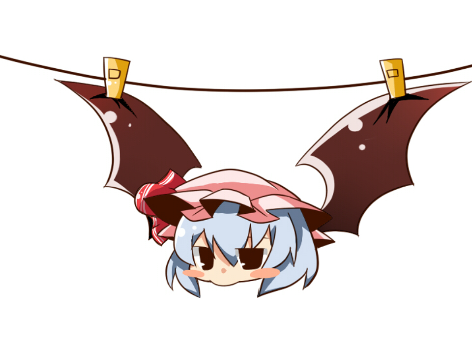 bad_id, bad_pixiv_id, bat_wings, blue_hair, blush_stickers, clothes_pin, colorized, derivative_work, drying, eiri_(eirri), female_focus, hat, no_humans, piitan_(022602260226), pout, remilia_scarlet, remilia_scarlet_(bat), ruruan_(piitan), simple_background, solo, touhou, wings, yukkuri_shiteitte_ne