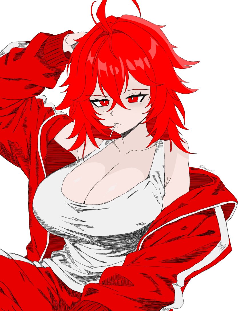 1girl, absurdres, ahoge, alternate_costume, arm_up, bare_shoulders, breasts, cleavage, collarbone, commentary, double-parted_bangs, english_commentary, food_in_mouth, goddess_of_victory:_nikke, hand_on_own_head, highres, jacket, jitome, large_breasts, lollipop, lollipop_in_mouth, long_hair, long_sleeves, messy_hair, naggarron, nihilister_(nikke), off_shoulder, pants, red_eyes, red_hair, red_track_jacket, red_track_suit, simple_background, sitting, solo, tank_top, track_jacket, track_pants, track_suit, twitter_username, unzipped, upper_body, white_background, white_tank_top