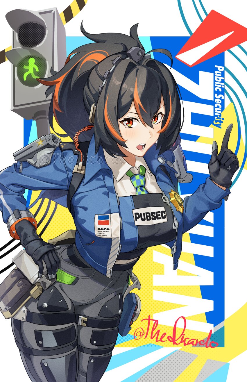 1girl, absurdres, artist_name, black_gloves, black_hair, black_pants, blue_jacket, breasts