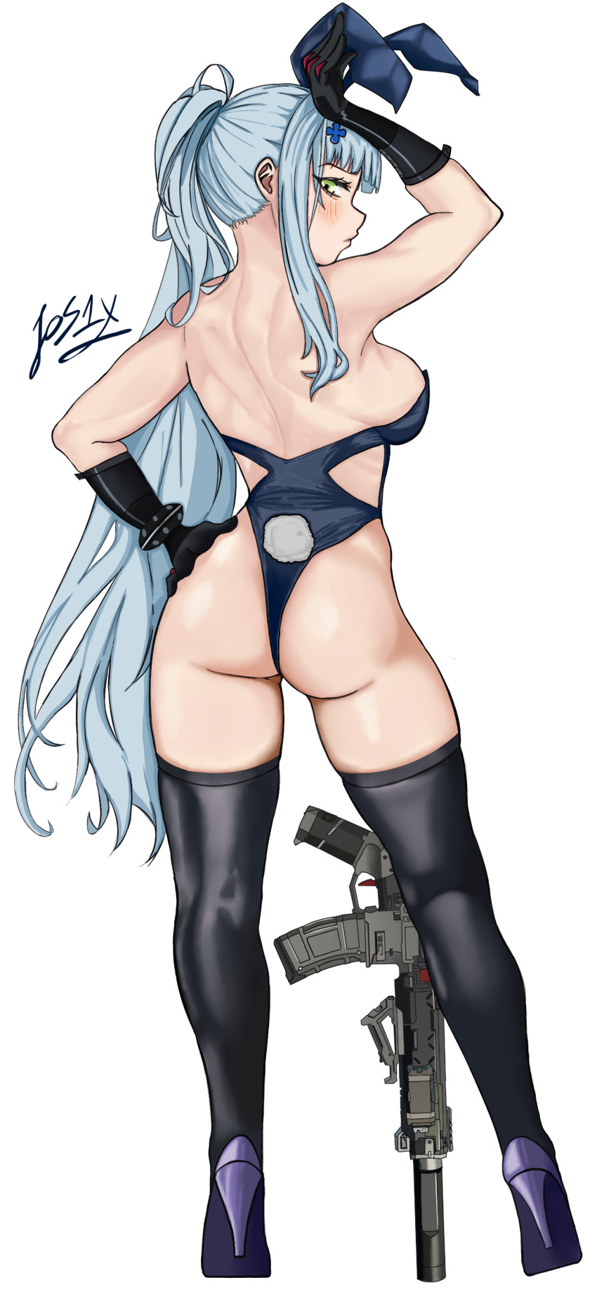 1girl, absurdres, alpha_transparency, alternate_costume, animal_ears, artist_name, ass, assault_rifle