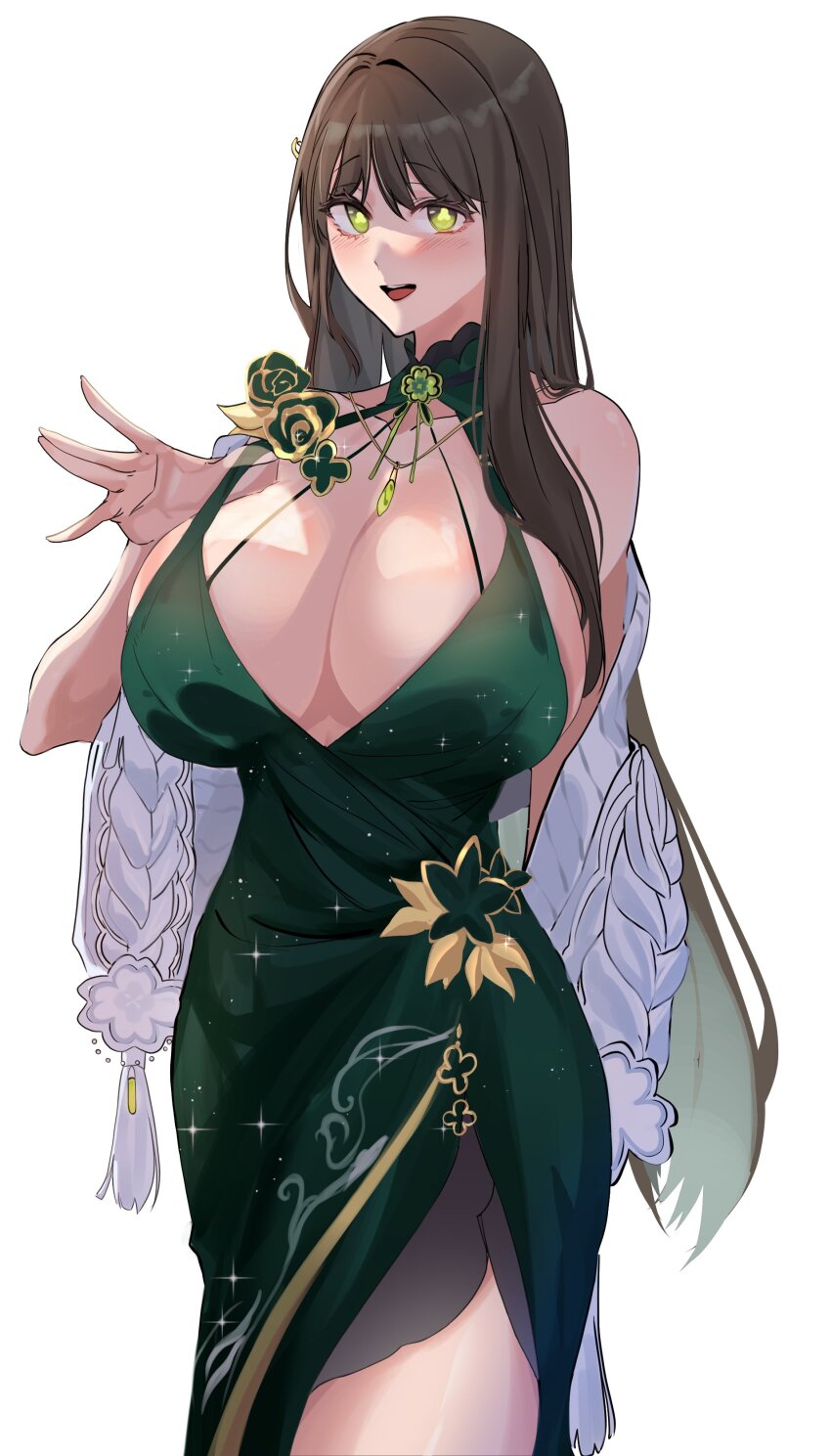 1girl, absurdres, black_survival, breasts, brown_hair, dress, eternal_return:_black_survival, flower