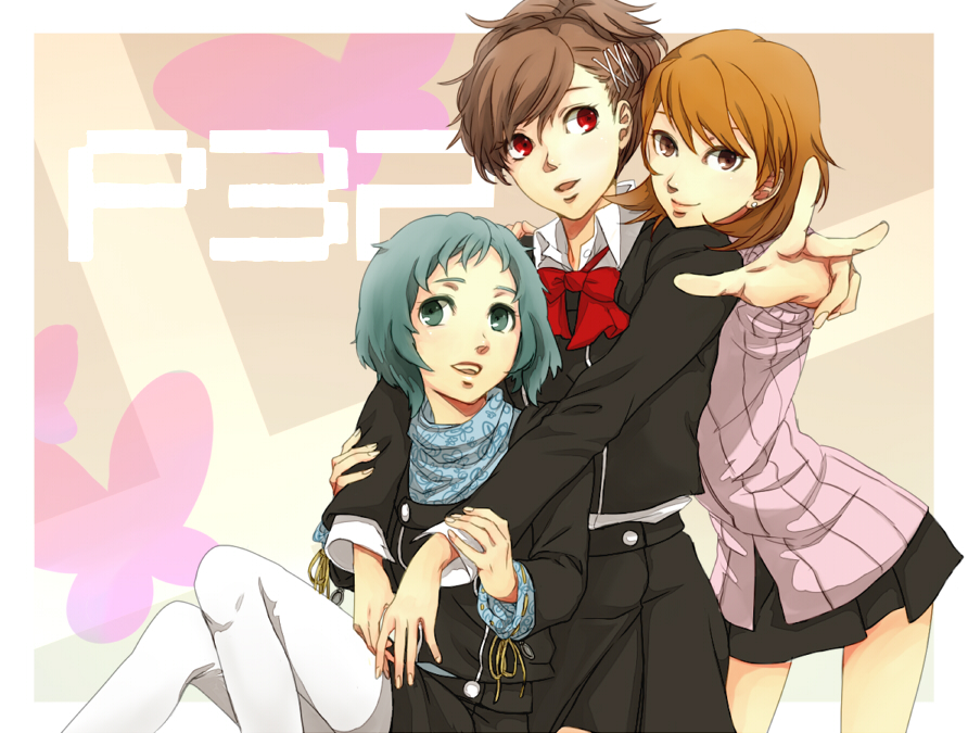 3girls, atlus, bow, brown_eyes, brown_hair, green_eyes, green_hair, hair_ornament, maiori_00, multiple_girls, pantyhose, persona, persona_3, persona_3_portable, red_eyes, school_uniform, shiomi_kotone, short_hair, skirt, takeba_yukari, v, white_legwear, yamagishi_fuuka