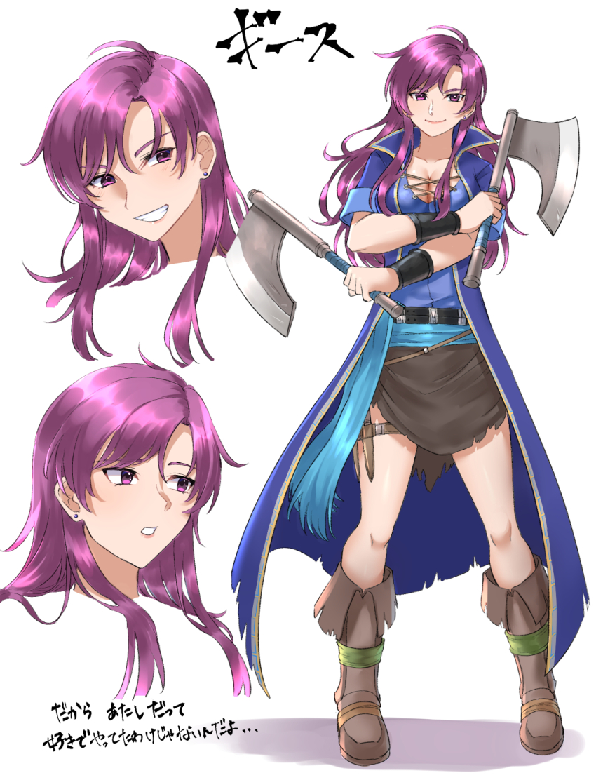 1girl, axe, boots, breasts, brown_boots, cleavage, dual_wielding, earrings