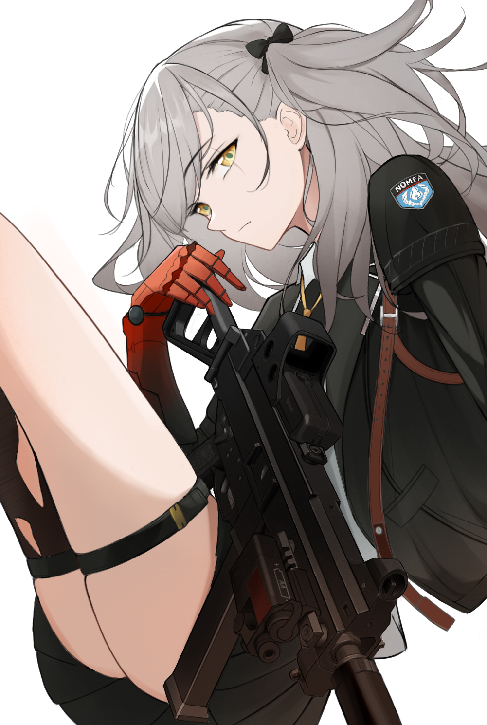 1girl, black_jacket, black_skirt, black_thighhighs, brown_hair, closed_mouth, commentary, english_commentary