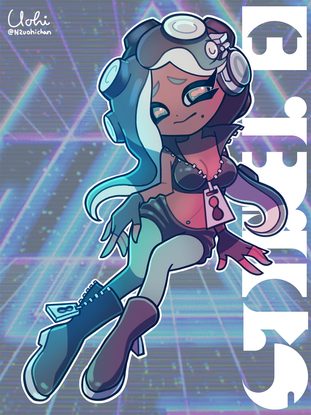 1girl, aqua_eyes, aqua_hair, aqua_pantyhose, black_boots, black_gloves, black_hair, black_shirt