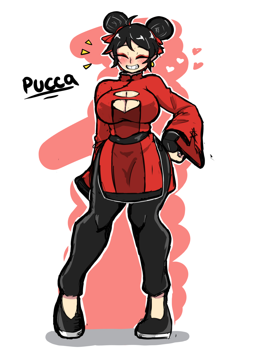 1girl, absurdres, aged_up, ahoge, belt, black_belt, black_hair, black_pants, black_shoes, blush, breasts, chibi, china_dress, chinese_clothes, cleavage, closed_eyes, double_bun, dress, earrings, full_body, hair_bun, hair_ribbon, hairball, hand_on_own_hip, highres, humanization, jewelry, large_breasts, long_sleeves, mr_a-lee, open_clothes, pants, pucca, pucca_(cartoon), red_dress, red_ribbon, ribbon, ribbon_hair, shoes, smile, teeth, white_background