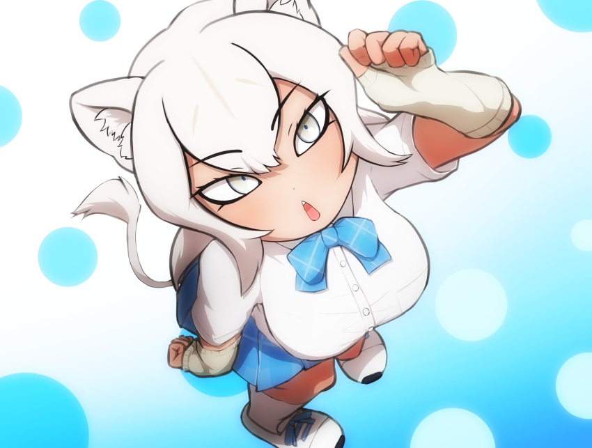 1girl, animal_ears, blue_bow, blue_bowtie, blue_skirt, bow, bowtie, collared_shirt