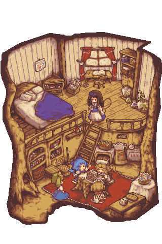 apron, barefoot, basket, bed, beret, black_dress, blonde_hair, blue_bow, blue_dress, blue_eyes, blue_hair, book, bookshelf, bow, bowtie, box, bread, brown_hair, calendar_(object), capelet, chair, cirno, closed_eyes, crate, cup, curtains, daiyousei, desk, detached_wings, dress, drill_hair, fairy, fairy_wings, fireplace, flower, flower_basket, food, green_hair, hair_bow, hair_ribbon, hat, headdress, hime_cut, holding, holding_saucer, ice, ice_wings, indoors, isometric, jar, kneeling, long_dress, long_hair, long_sleeves, lowres, luna_child, nightstand, on_floor, open_book, open_mouth, pillow, pinafore_dress, pixel_art, plant, puffy_short_sleeves, puffy_sleeves, railing, red_bow, red_bowtie, red_dress, ribbon, rug, saucer, shelf, shirt, short_hair, short_sleeves, side_ponytail, sitting, sleeveless, sleeveless_dress, slice_of_life, soap.h, star_sapphire, stove, stuffed_animal, stuffed_toy, sunny_milk, table, tablecloth, teacup, teapot, touhou, treasure_chest, tree_interior, tree_stump, vegetable, waist_apron, walking, white_apron, white_background, white_capelet, white_flower, white_hat, white_headdress, white_shirt, window, wings, wooden_chair, wooden_floor, wooden_railing, yellow_ribbon